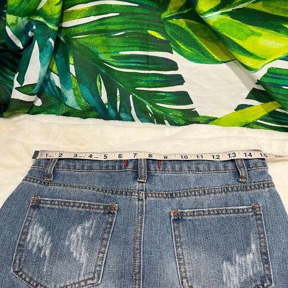 SIGNATURE 8 Medium Blue Mini Distressed A-Line Denim Jean Beach Summer Skirt - Picture 4 of 9